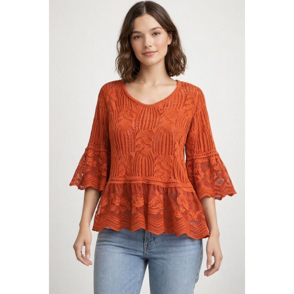 Lipslide Orange Crochet Lace Bell Sleeve Top Womens Large Boho